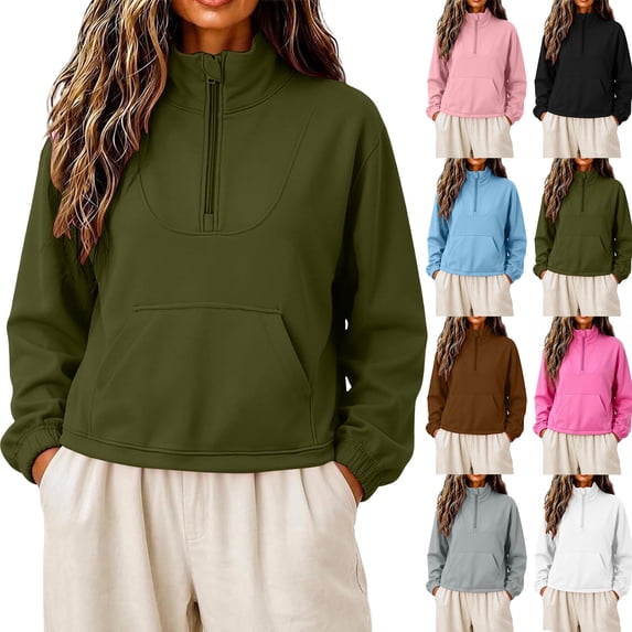 Smsaxvxz Half Zipper Sweatshirts for Women Casual Long Sleeve Shirts Solid Pullover Tops Fashion Fall Outfits Army Green L