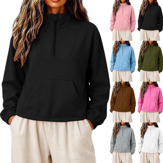 Smsaxvxz Half Zipper Sweatshirts for Women Casual Long Sleeve Shirts Solid Pullover Tops Fashion Fall Outfits Black L