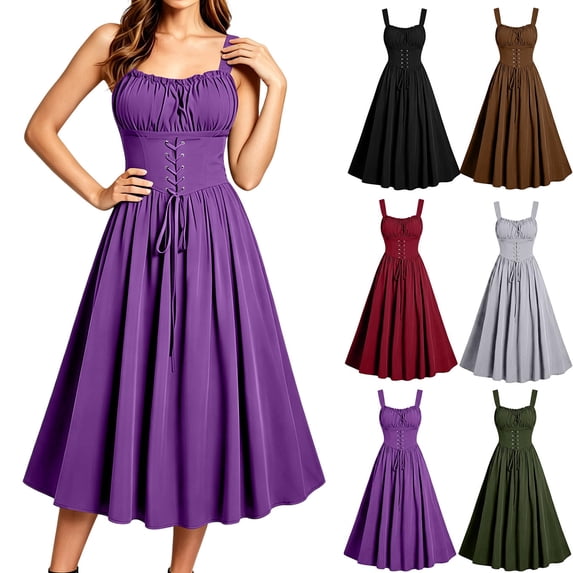 Smsaxvxz Halloween Costume for Women Fashion Renaissance Gothic Strap Dresses Medieval Ren Faire Dress Purple S