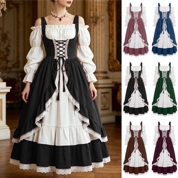Smsaxvxz Halloween Costumes for Women Fashion Medieval Renaissance Costume Maxi Dress Black XL