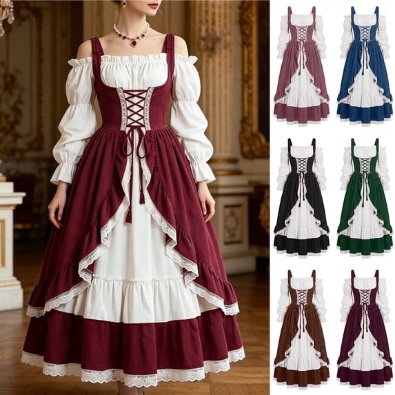 Smsaxvxz Halloween Costumes for Women Fashion Medieval Renaissance Costume Maxi Dress Wine S