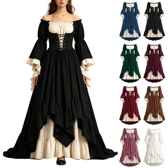 Smsaxvxz Halloween Costumes for Women Fashion Renaissance Dresses Women Off Shoulder Bell Sleeve Peasant Pirate Dress Black XL