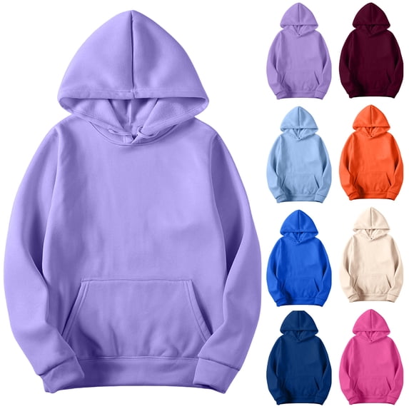 Smsaxvxz Hoodies for Women Oversized Solid Color Long Sleeve Fleece Sweatshirt Trendy Pullover Sweaters with Pockets Purple XS