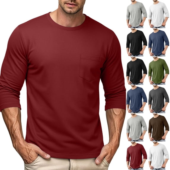 Smsaxvxz Men's 3/4 Sleeve Shirts Lightweight Crew Neck Pocket T-shirts Moisture Wicking Soft Comfort Casual Fall Tops Wine XL