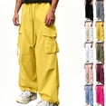 thumbnail image 1 of Smsaxvxz Men's Baggy Cargo Pants Trendy Casual Elastic Waist Drawstring Loose Fit Joggers Pant with Pockets Yellow XXL, 1 of 8