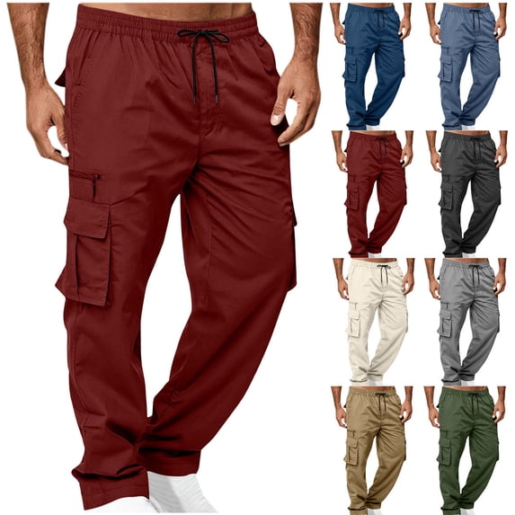 Smsaxvxz Men's Cargo Pants with Multi-pockets Baggy Drawstring Elastic Waist Straight-Leg Hiking Joggers for Men