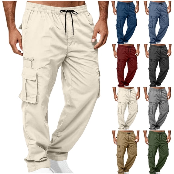 Smsaxvxz Men's Cargo Pants with Multi-pockets Baggy Drawstring Elastic Waist Straight-Leg Hiking Joggers for Men
