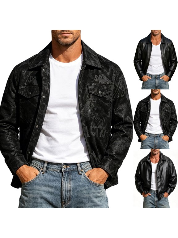 Men's Graffiti Print Trucker Jacket Fashion Long Sleeve Button Down Spring Fall Versatile Coat Black S