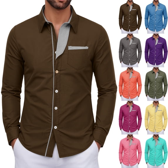 Smsaxvxz Men's Long Sleeve Stretch Dress Shirt Casual Wrinkle-Free Regular Fit Button Down Shirts Coffee M