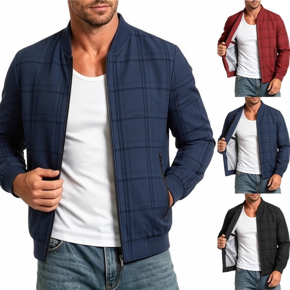 Smsaxvxz Men's Zip Up Bomber Jackets Casual Plaid Lightweight Collared Coat Business Casual Versatile Spring Fall Jacket Dark Blue 2XL