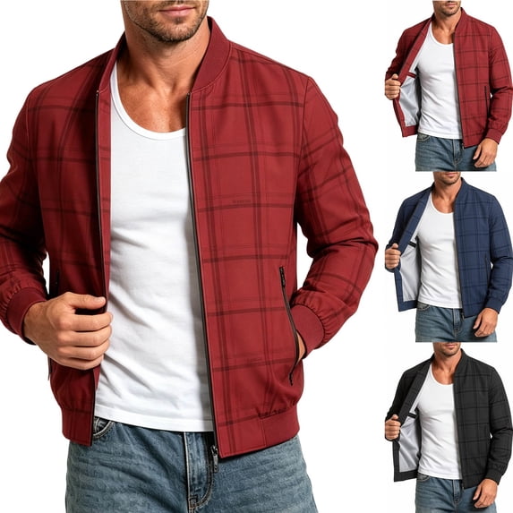 Smsaxvxz Men's Zip Up Bomber Jackets Casual Plaid Lightweight Collared Coat Business Casual Versatile Spring Fall Jacket Red M