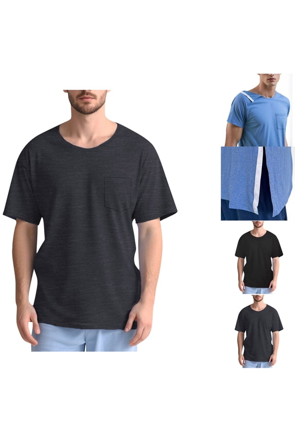 Mens Adaptive Shirts Recovery Short Sleeve Full Open Side Snap T Shirts Crew Neck Breathable Tops with Pocket Dark Gray S