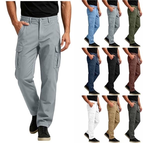Smsaxvxz Mens Cargo Pants with Pockets Fashion Solid Straight Leg Outdoor Hiking Work Pants for Men