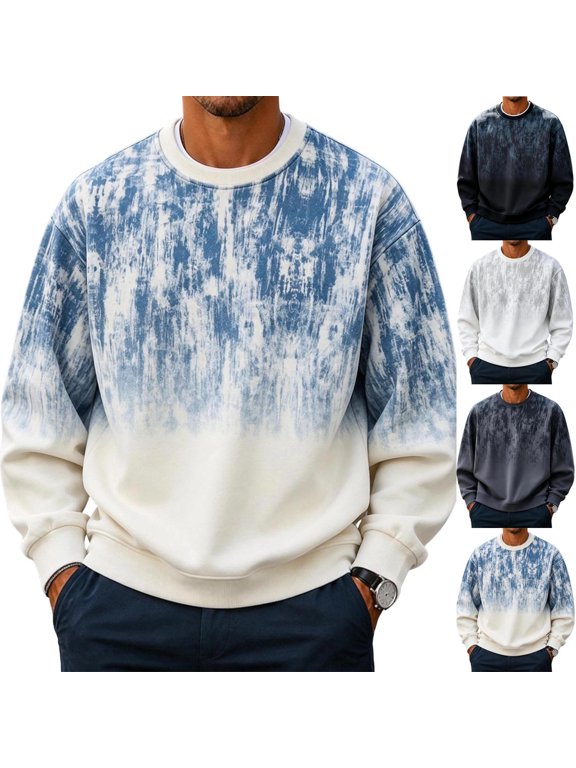 Mens Crew-Neck Sweatshirts Fashion Baggy Long Sleeve Gradient Pullover Shirt Beige M