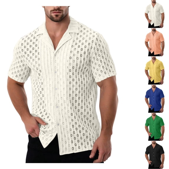 Smsaxvxz Mens Crochet Hollow Out Jacquard Shirts Breathable Short Sleeve Button Up Cuban Collar Stretch Untucked Summer Casual Vacation Beach Tops White 2XL
