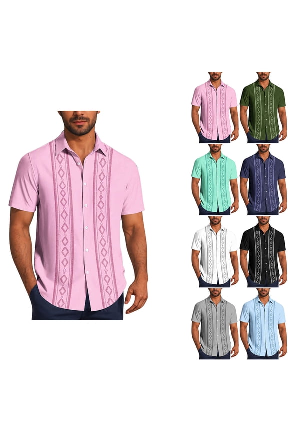 Mens Cuban Guayabera Shirts Button Down Short Sleeve Lightweight Breathable Stretch Wrinkle Resistant Summer Casual Beach Camp Tops Pink M