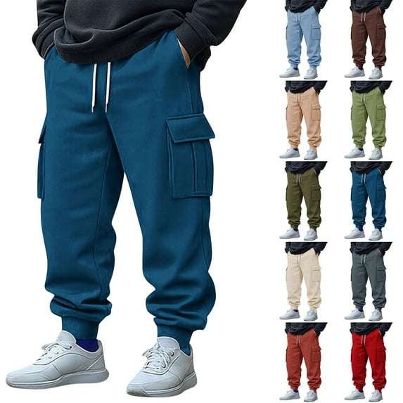 Smsaxvxz Baggy Cargo Fleece Casual Sweatpants for Men Wide Leg Soft Elastic Waist Drawstring Winter Joggers Athletic Pants with Pockets Navy L
