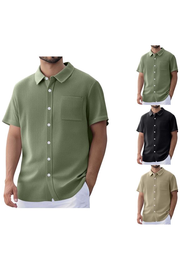Mens Knit Button Up Short Sleeve Shirts Breathable Wrinkle Resistant Lapel Collar Untucked Casual Vacation Beach Summer Tops with Pocket Green M