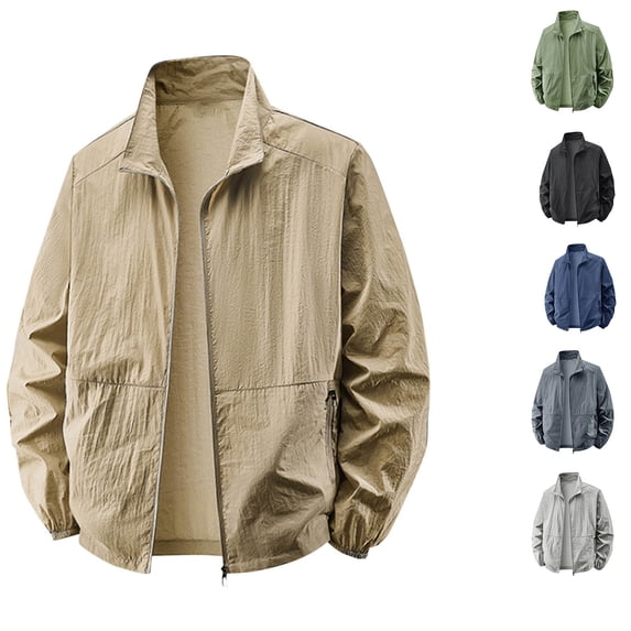 Smsaxvxz Mens Lightweight Jackets Sun Protection Breathable Zip Up Lightweight Outwear Comfortable Outdoor Workwear Running with Zipper Pockets Khaki XS