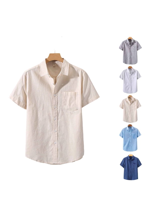 Mens Plus Size Cotton Linen Lightweight Shirts Short Sleeve Button Down Breathable Lapel Collar Summer Casual Beach Vacation Hawaiian Untucked Tops with Pocket Khaki 2XL