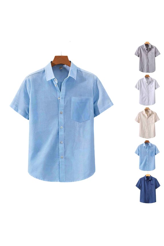 Mens Plus Size Cotton Linen Lightweight Shirts Short Sleeve Button Down Breathable Lapel Collar Summer Casual Beach Vacation Hawaiian Untucked Tops with Pocket Light Blue 3XL