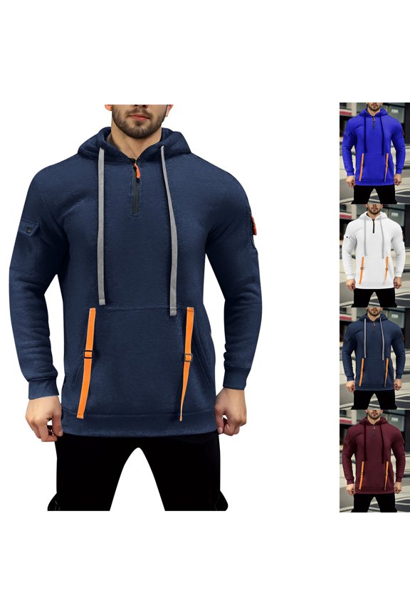 Mens Plus Size Long Sleeve Cargo Hoodies for Men Drawstring Athletic Hooded Sweatshirts Lightweight Quarter Zip Pullover with Pockets Navy XXXXL