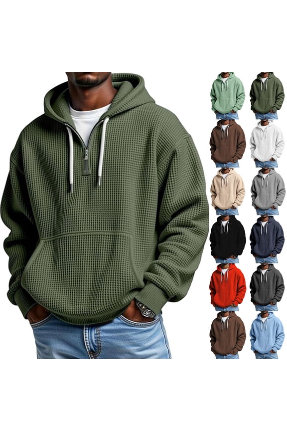 Mens Plus Size Quarter Zip Sweatshirts Fleece Oversized Hooded Sweatshirt Long Sleeve Hoodie Warm Winter Outdoor Athletic Joggers Fall Sweatshirt with Pocket Army Green M