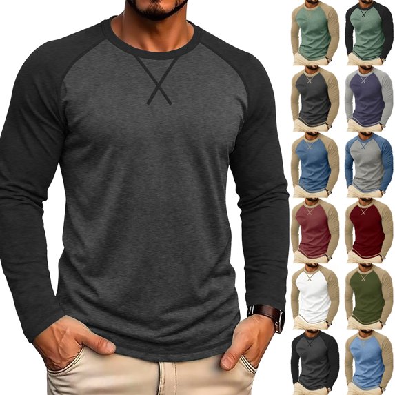 Smsaxvxz Mens Shirts Soft Comfort Crew Neck Long Sleeve Color Patchwork T-Shirts Casual Lightweight Fall Tops Bronze S