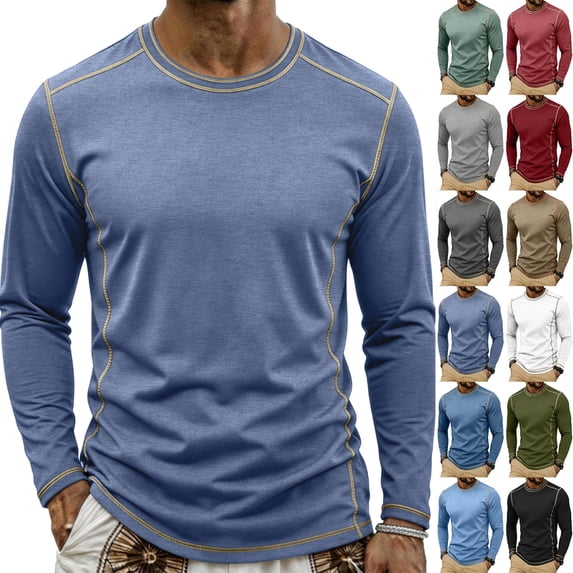 Smsaxvxz Mens Shirts Soft Comfort Crew Neck Long Sleeve Color Patchwork T-Shirts Casual Lightweight Fall Tops Dark Blue M