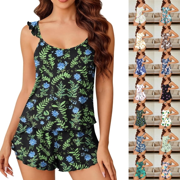 Smsaxvxz Pajama Set for Women Fashion Floral Printed Ruffle Sleeve Casual Loose Camisole Top and Shorts Sleepwear Sets Army Green M