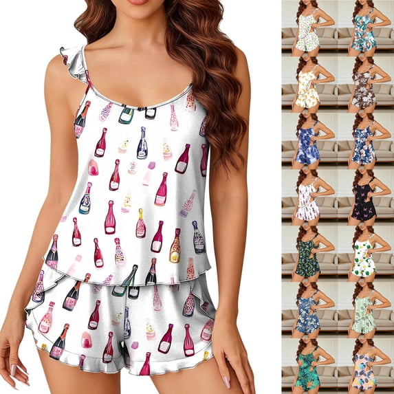 Smsaxvxz Pajama Set for Women Fashion Floral Printed Ruffle Sleeve Casual Loose Camisole Top and Shorts Sleepwear Sets White 01 M