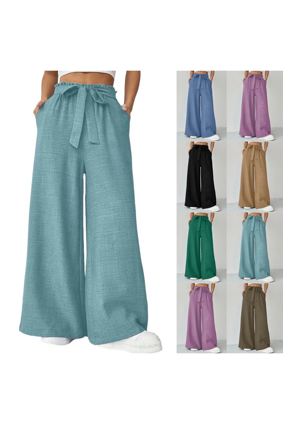 Pants for Women Fashion Bright Drawstring Elastic Waist Wide Leg Long Pants Spring Summer Draping With Pockets Light Blue M