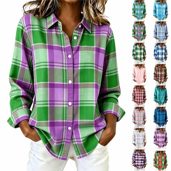 Smsaxvxz Plaid Shirts for Women Oversized Long Sleeve Button Down Shirts Casual Loose Blouse Tops Green S