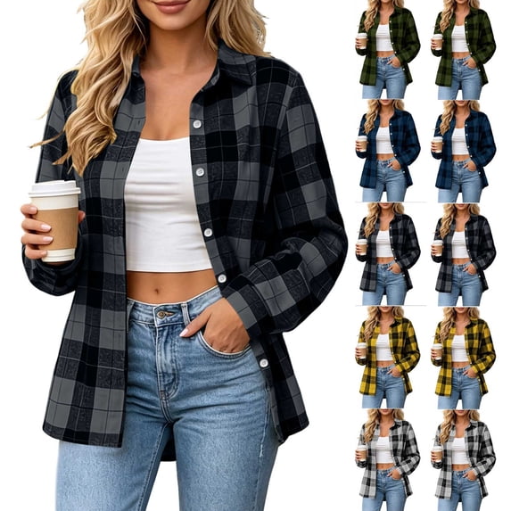 Smsaxvxz Plaid Shirts for Women Plaid Shirts Oversized Long Sleeve Casual Button Down Blouse 2026 Fall Top Dark Gray S