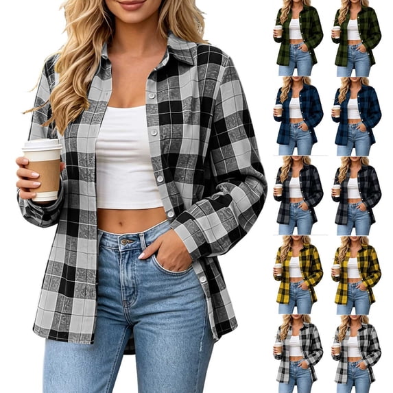 Smsaxvxz Plaid Shirts for Women Plaid Shirts Oversized Long Sleeve Casual Button Down Blouse 2026 Fall Top Gray M