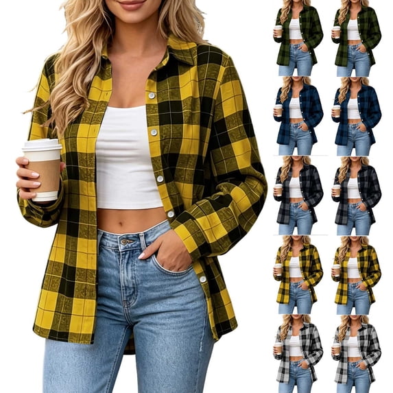 Smsaxvxz Plaid Shirts for Women Plaid Shirts Oversized Long Sleeve Casual Button Down Blouse 2026 Fall Top Yellow L