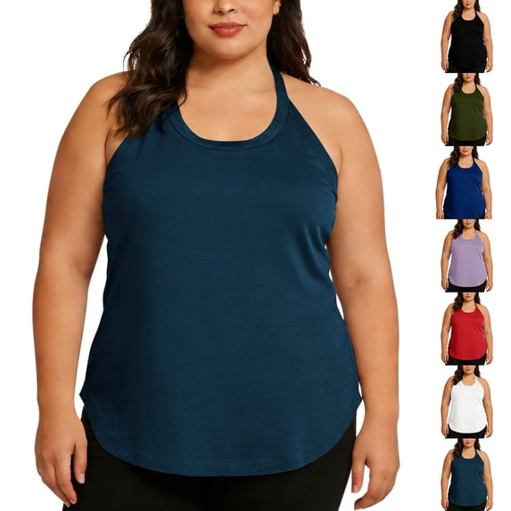 Smsaxvxz Plus Size Active Camisole for Women Lightweight Solid Round Neck Sleeveless Tank Top Workout Breathable Gym Top Navy S