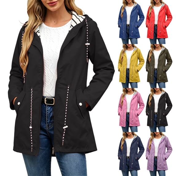 Smsaxvxz Plus Size Rain Jacket for Women Casual Striped Lined Hooded Lightweight Raincoat Outdoor Waterproof Windbreaker Black 4XL