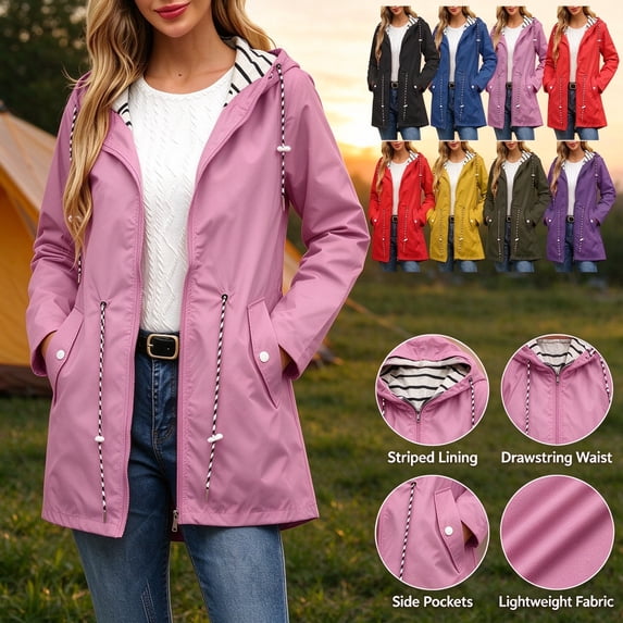 Smsaxvxz Plus Size Rain Jacket for Women Casual Striped Lined Hooded Lightweight Raincoat Outdoor Waterproof Windbreaker Pink 2XL