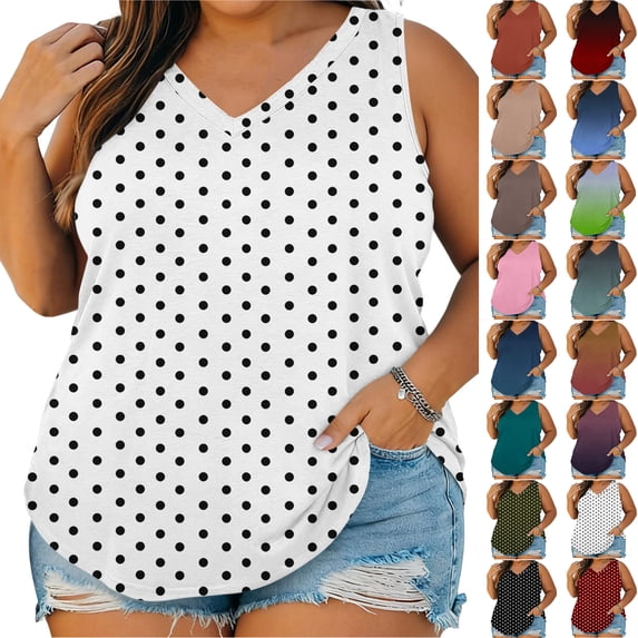 Smsaxvxz Plus Size Tank Tops for Women Casual Polka Dots V Neck Sleeveless Loose Fit Shirts Flowy Blouses Beach Vacation Clothes Fashion 2026 White 4XL