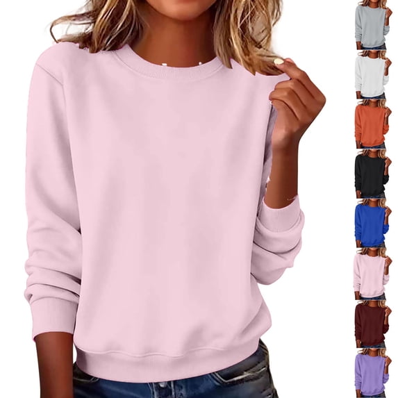 Smsaxvxz Pullover Sweatshirt for Women Casual Solid Crew Neck Hoodless Fall Fashion Clothes 2026 Pink XL