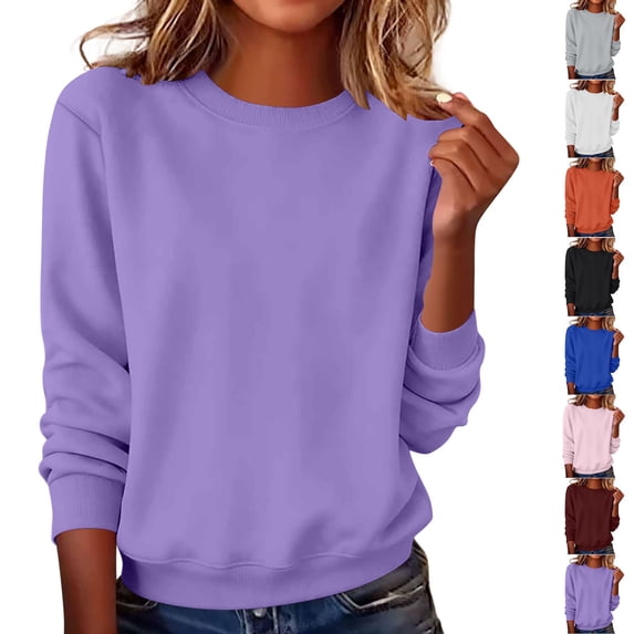 Smsaxvxz Pullover Sweatshirt for Women Casual Solid Crew Neck Hoodless Fall Fashion Clothes 2026 Purple M
