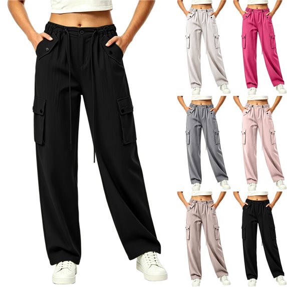 Smsaxvxz Quick Dry Cargo Pants for Women Casual Drawstring Elastic Waisted Trousers with Multi Pockets Black S