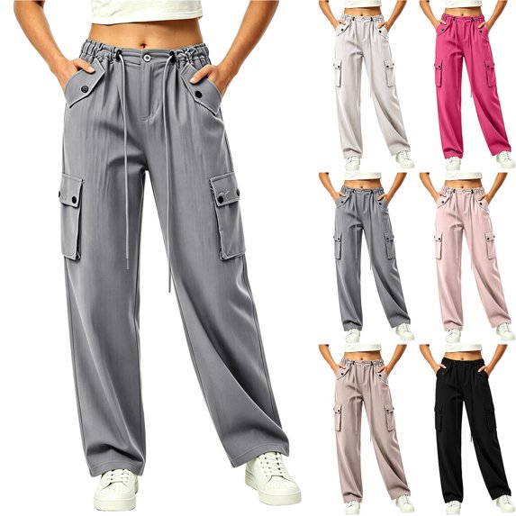 Smsaxvxz Quick Dry Cargo Pants for Women Casual Drawstring Elastic Waisted Trousers with Multi Pockets Gray L