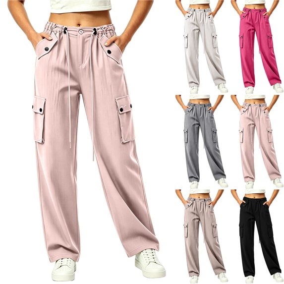 Smsaxvxz Quick Dry Cargo Pants for Women Casual Drawstring Elastic Waisted Trousers with Multi Pockets Pink XL