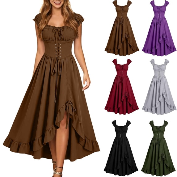 Smsaxvxz Renaissance Costume Women Peasant Medieval Dress Sleeveless Maxi Fairy Dresses Brown S