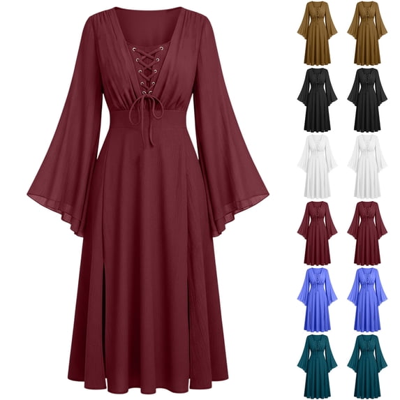 Smsaxvxz Renaissance Halloween Costume for Women Pirate Dresses Bell Sleeve Medieval Ren Faire Dress Wine M