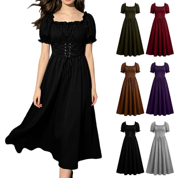 Smsaxvxz Renaissance Halloween Costume for Women Pirate Dresses Short Sleeve Medieval Ren Faire Dress Black L