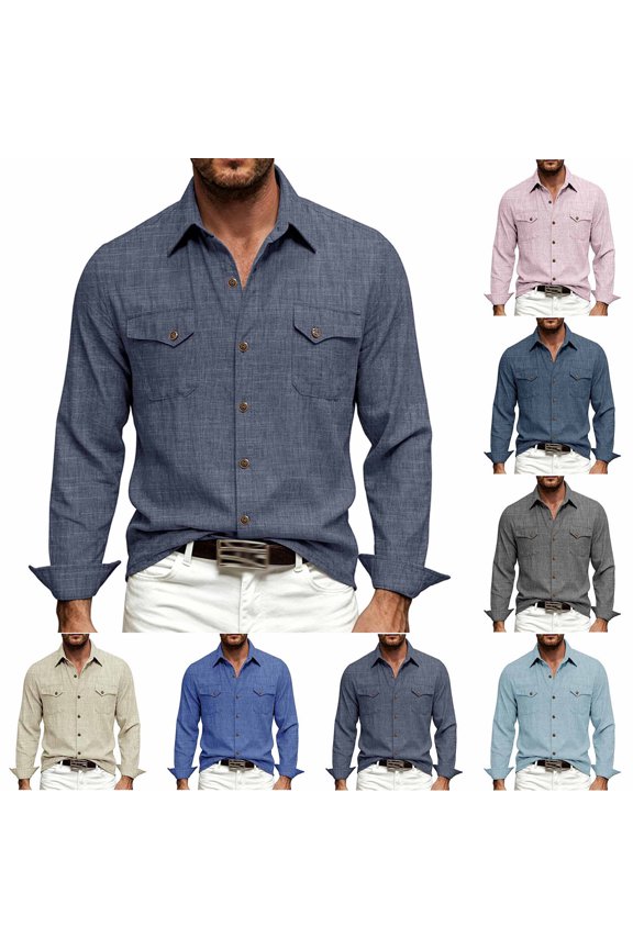 Shirts for Men Casual Lapel Collar Button Down V Neck Long Sleeve Work Shacket with Double Chest Pockets Navy 3XL