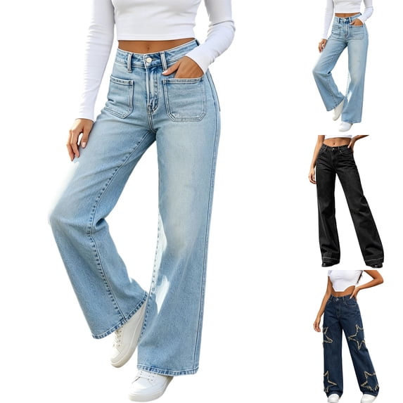 Smsaxvxz Straight Leg Jeans for Women Casual Button Stretchy Boyfriend Denim Pants with Pockets Light Blue XXS